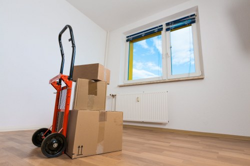 Packed boxes and furniture ready for transport by local movers