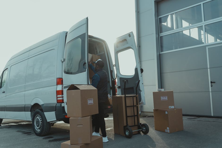 A professional mover wearing a dark vest and cap is loading cardboard boxes into the open rear doors of a white cargo van parked outside a modern building with large glass windows. The boxes are vario