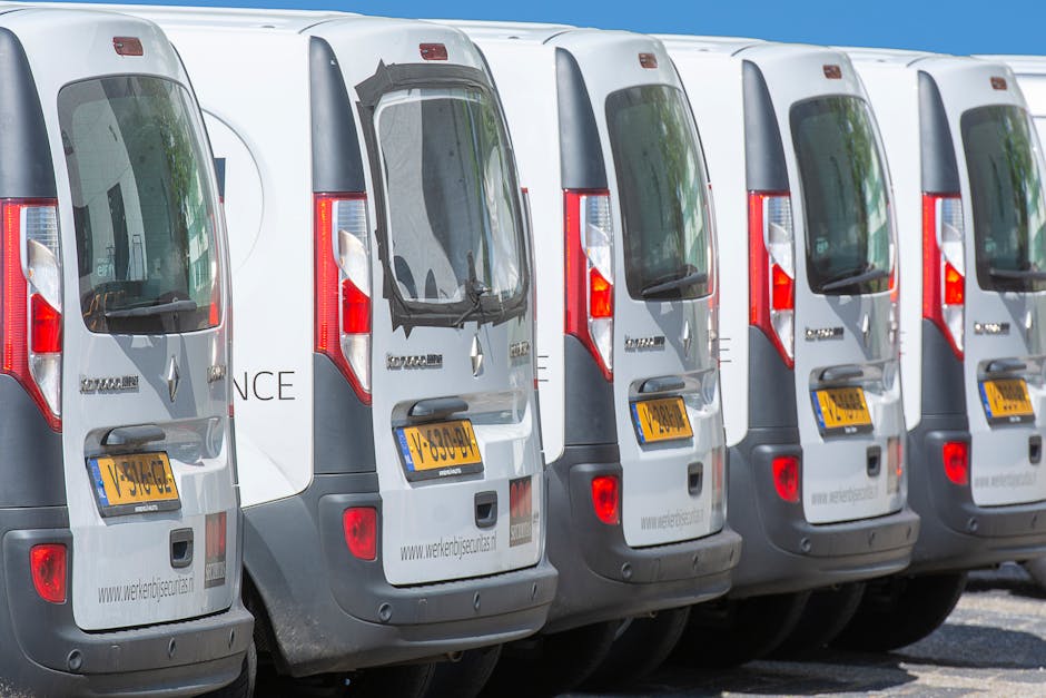 A row of three yellow vans parked on a paved street during daylight hours, with the rear ends visible and the windows reflecting nearby trees and buildings. The vans are positioned closely together, facing away from the camera, with their black rear bumpers and red and white rear lights clearly shown. The scene is set on Castelnau Road, with a background of lush green trees on a hillside, indicating a residential or suburban area. The image captures the exterior of the vans used in home relocation or furniture transport services, reflecting the logistics involved in a professional removal process, as provided by Man with Van Castelnau, during a typical loading or parking scenario in the context of house removals and moving logistics.