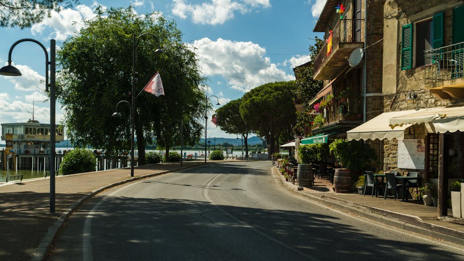 A street scene in Castelnau, showing a curved road with parked cars and a waterfront view in the background. To the right, there is a stone building with green shutters and a terrace shaded by a cream-colored awning, furnished with black chairs and tables, alongside potted plants and barrels. Several large trees with lush green foliage line the street, casting shadows on the pavement. Black street lamps and flags hanging from poles are visible along the sidewalk, which is adjacent to the water and a docked boat. The sky is mostly clear with a few clouds, and the overall scene depicts a peaceful, scenic area suitable for home relocation or furniture transport services, as offered by Man with Van Castelnau.