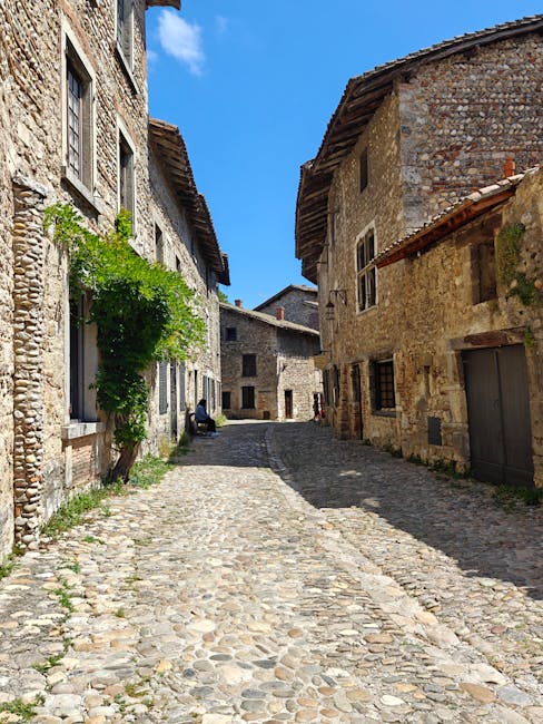 A street scene in Castelnau, showing a curved road with parked cars and a waterfront view in the background. To the right, there is a stone building with green shutters and a terrace shaded by a cream-colored awning, furnished with black chairs and tables, alongside potted plants and barrels. Several large trees with lush green foliage line the street, casting shadows on the pavement. Black street lamps and flags hanging from poles are visible along the sidewalk, which is adjacent to the water and a docked boat. The sky is mostly clear with a few clouds, and the overall scene depicts a peaceful, scenic area suitable for home relocation or furniture transport services, as offered by Man with Van Castelnau.